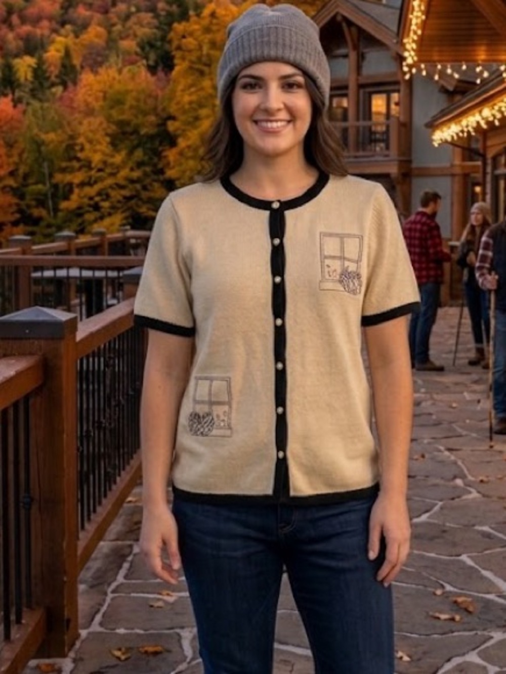 Christopher & Banks Cat Window Embroidered Short Sleeve Cardigan Sweater